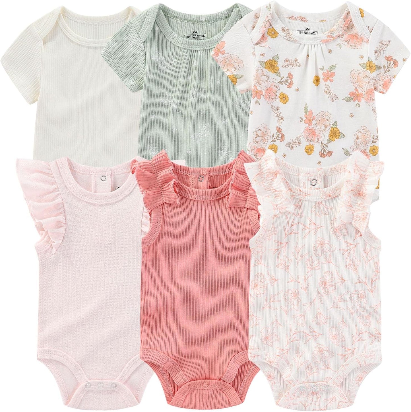 Baby Bodysuit 6 Pack Soft Mixed Ribbed Short Sleeve Romper Infant Boy Girl Clothes Set