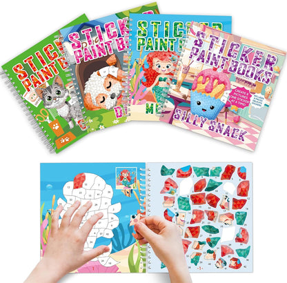 gisgfim 4Pcs Paint by Sticker Books Sticker by Number Books Activity Puzzle Book Craft Art Gift with Mermaid Cat Dog Silly Snack 32 Pictures Sticker by Number Book Set Party Favors