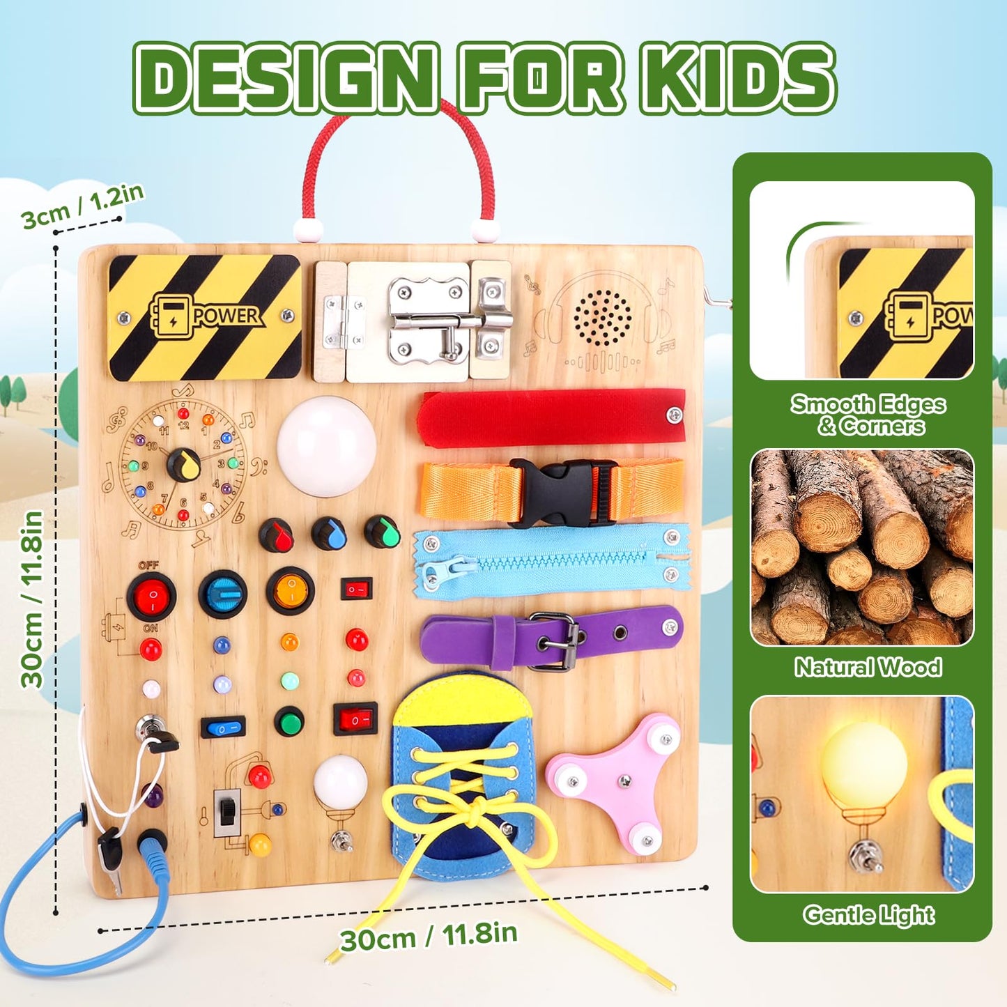 23-in-1 Montessori Busy Board with LED Lights Educational Wooden Activity Toy for Toddlers Ages