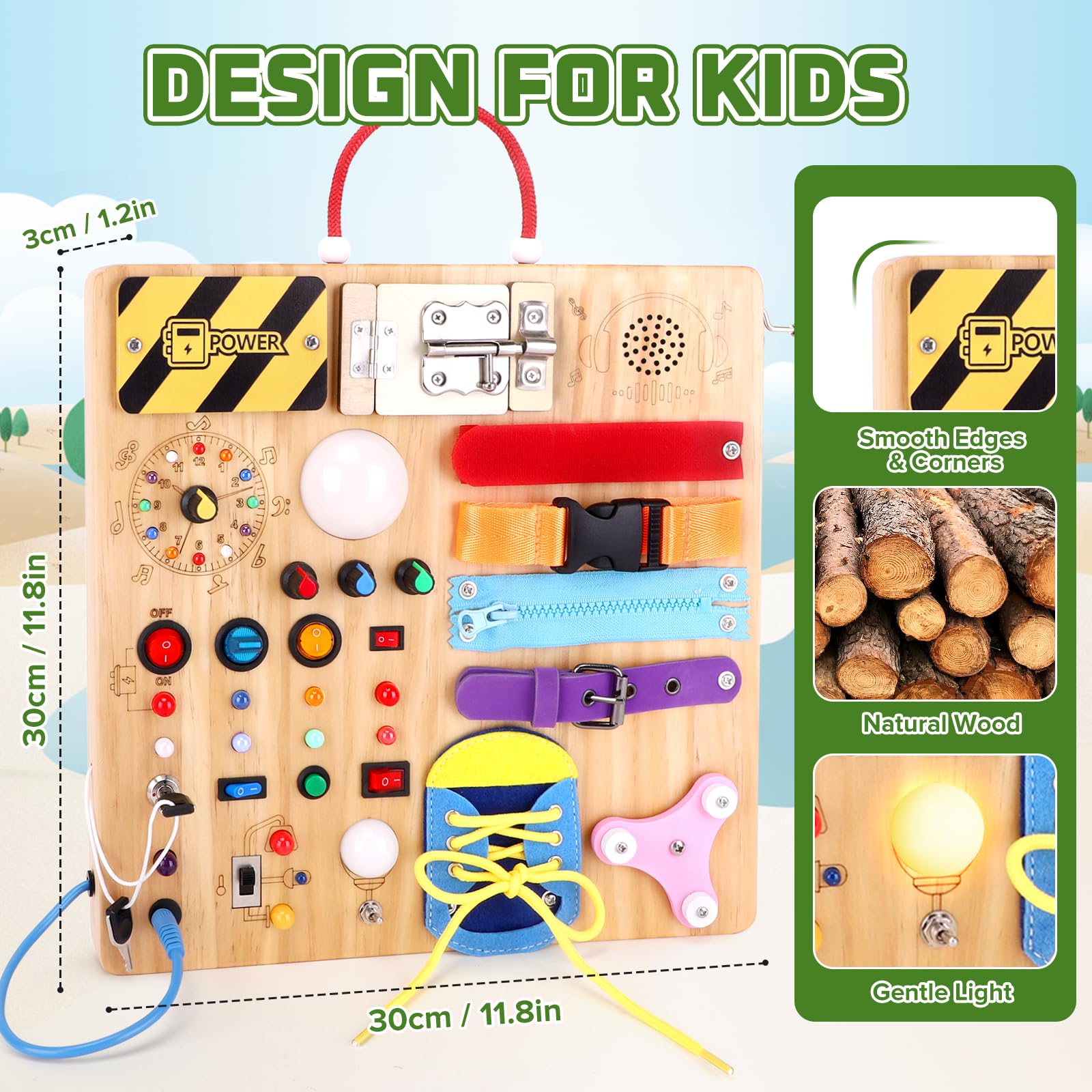 23-in-1 Montessori Busy Board with LED Lights Educational Wooden Activity Toy for Toddlers Ages