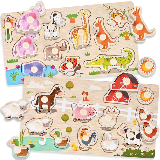 WoodTrove Wooden Peg Puzzles for Toddlers 1-3, 2 Pcs Montessori Puzzles, Zoo & Farm Animal Puzzles