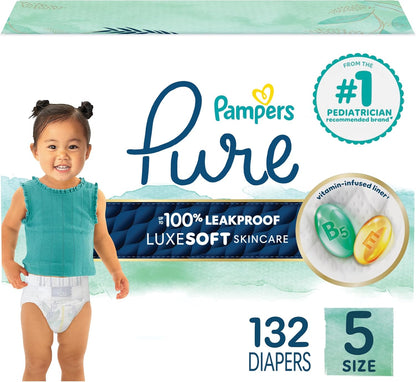 Pampers Pure Protection Baby Diapers, Size 5 (27+ lbs), 132 Count, Up to 100% Leakproof, Premium Plant-based Skin Protection, Hypoallergenic Soft Diapers