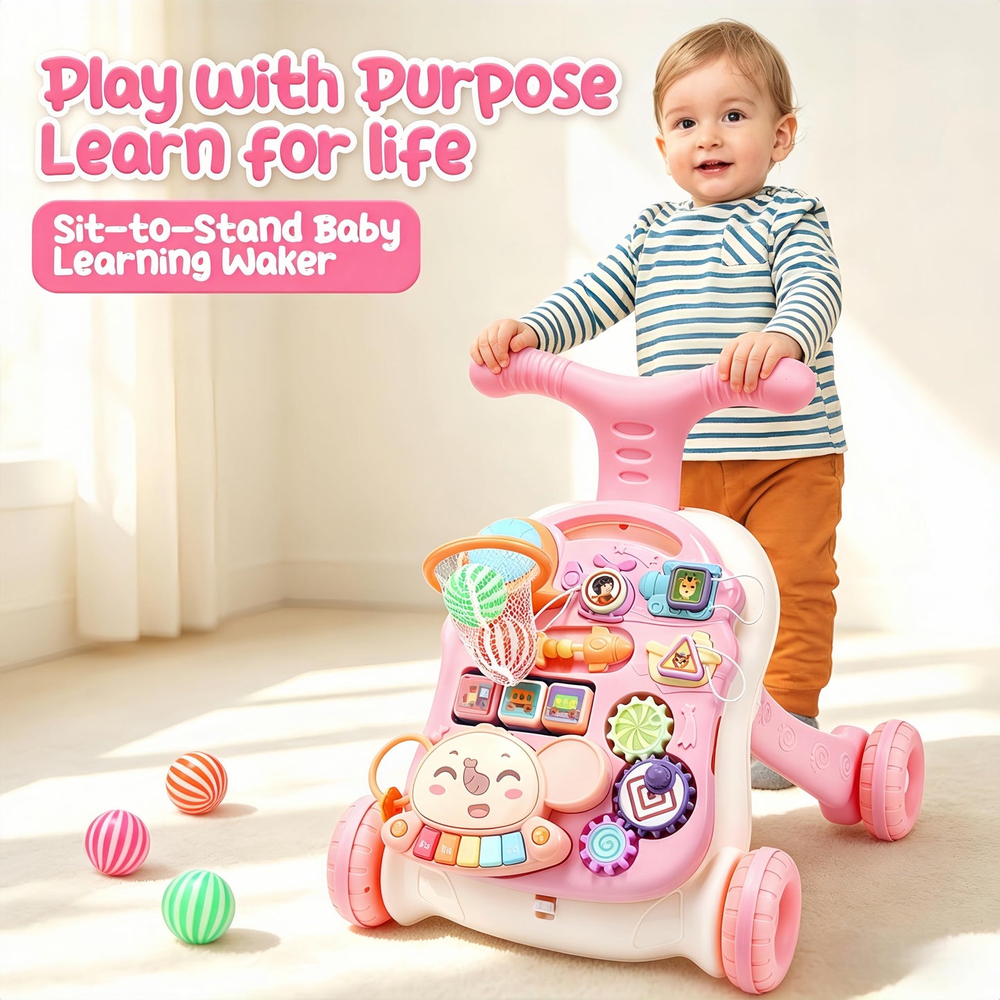 CUTE STONE 2-in-1 Baby Walker for Girls, Toddlers Learning Walker, Early Educational Push Walking