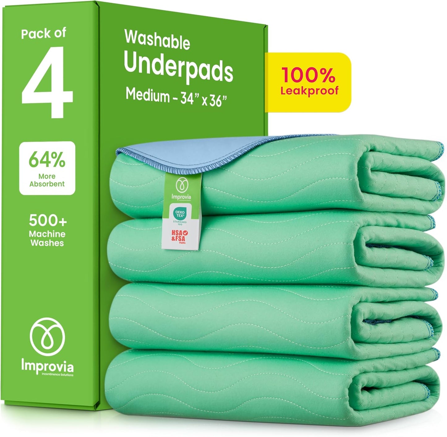 IMPROVIA® Washable Underpads, 34" x 36" (Pack of 4) - Heavy Absorbency Reusable Bedwetting