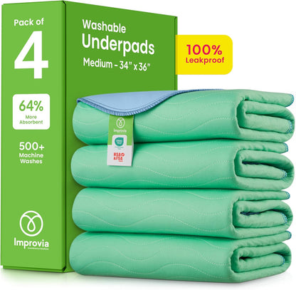 IMPROVIA® Washable Underpads, 34" x 36" (Pack of 4) - Heavy Absorbency Reusable Bedwetting