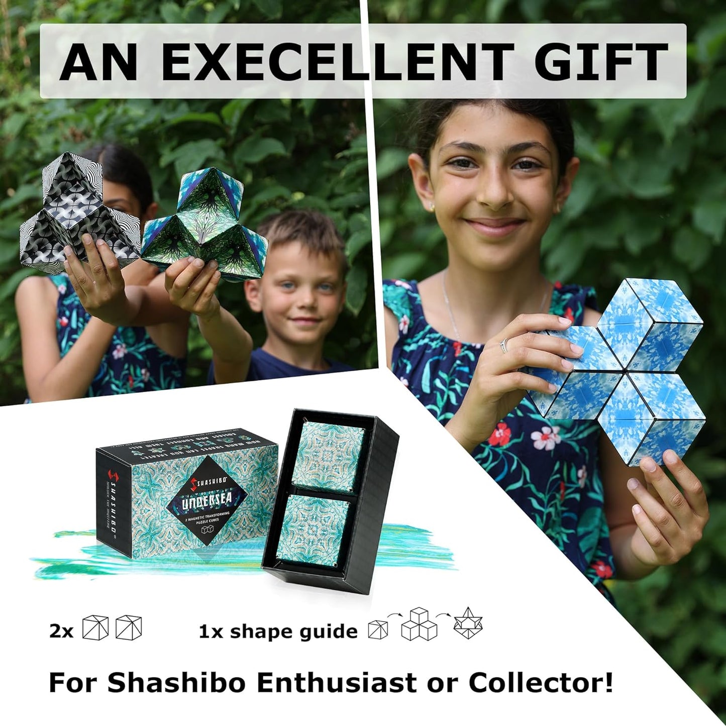 SHASHIBO Shape Shifting Box - Award-Winning, Patented Fidget Cube w/ 36 Rare Earth Magnets - Transforms Into Over 70 Shapes, Gift Box, Download Fun in Motion Toys Mobile App (Undersea, 2 pack)