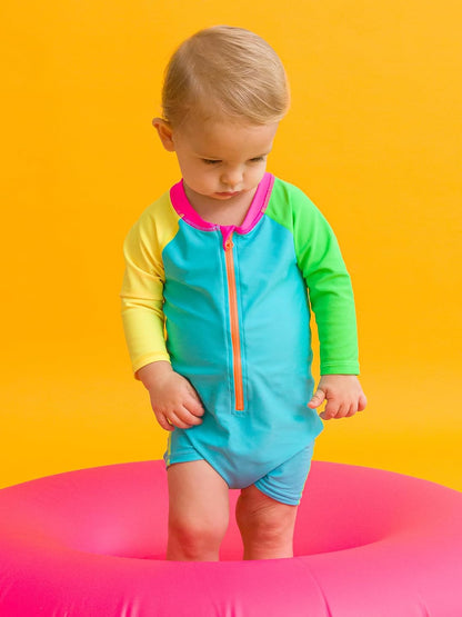 RUGGEDBUTTS Baby/Toddler Boy Swimsuit, One Piece Zipper Rash Guard Sunsuit with UPF 50+ Sun Protection