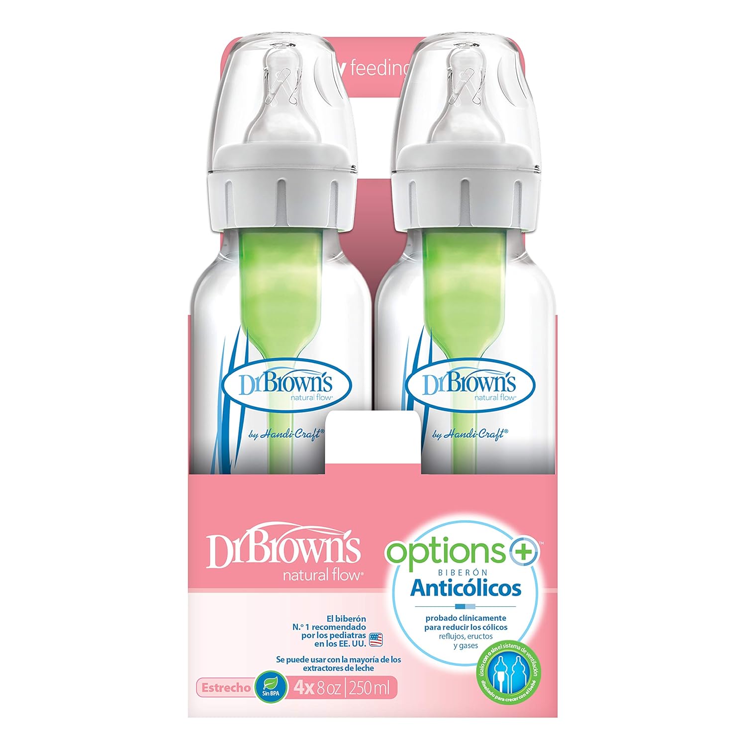 Dr. Brown’s Natural Flow® Anti-Colic Options+™ Narrow Baby Bottles, 8 oz/250ml, with Level 1 Slow