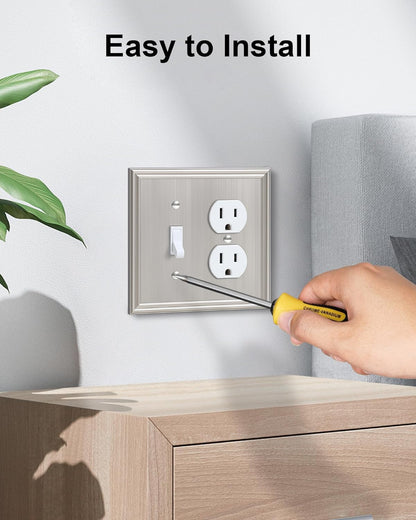 2-Pack Combo Toggle/Duplex Light Switch Cover Plate, Brushed Nickel Wall Outlet Cover Plate, Decorative Wall Receptacle Cover for Electrical Outlets, Light Switch, Durable Solid Zinc Alloy