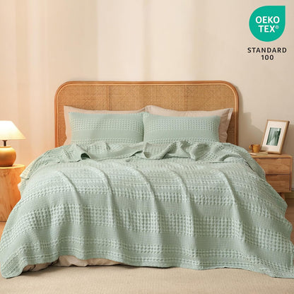 PHF 100% Cotton Waffle Weave Blanket King Size, Soft Lightweight Breathable Cozy Summer Blankets for Bed, Luxury Aesthetic Woven Bedding for Home Decor, 108"x90", Sage Green