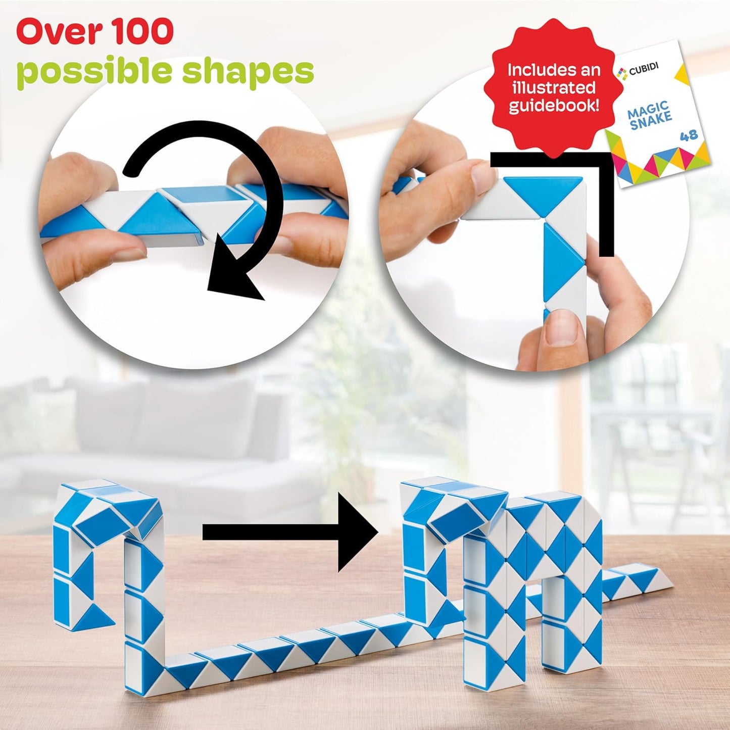 CUBIDI® Magic Snake Cube | Fidget Snake Toy for Kids | Travel Toys for Kids Ages 4-8 | Great Gift for Boys and Girls Birthday, Christmas, Stocking Stuffers - 48 Blocks | 0.9 inch x 0.7 inch | Blue