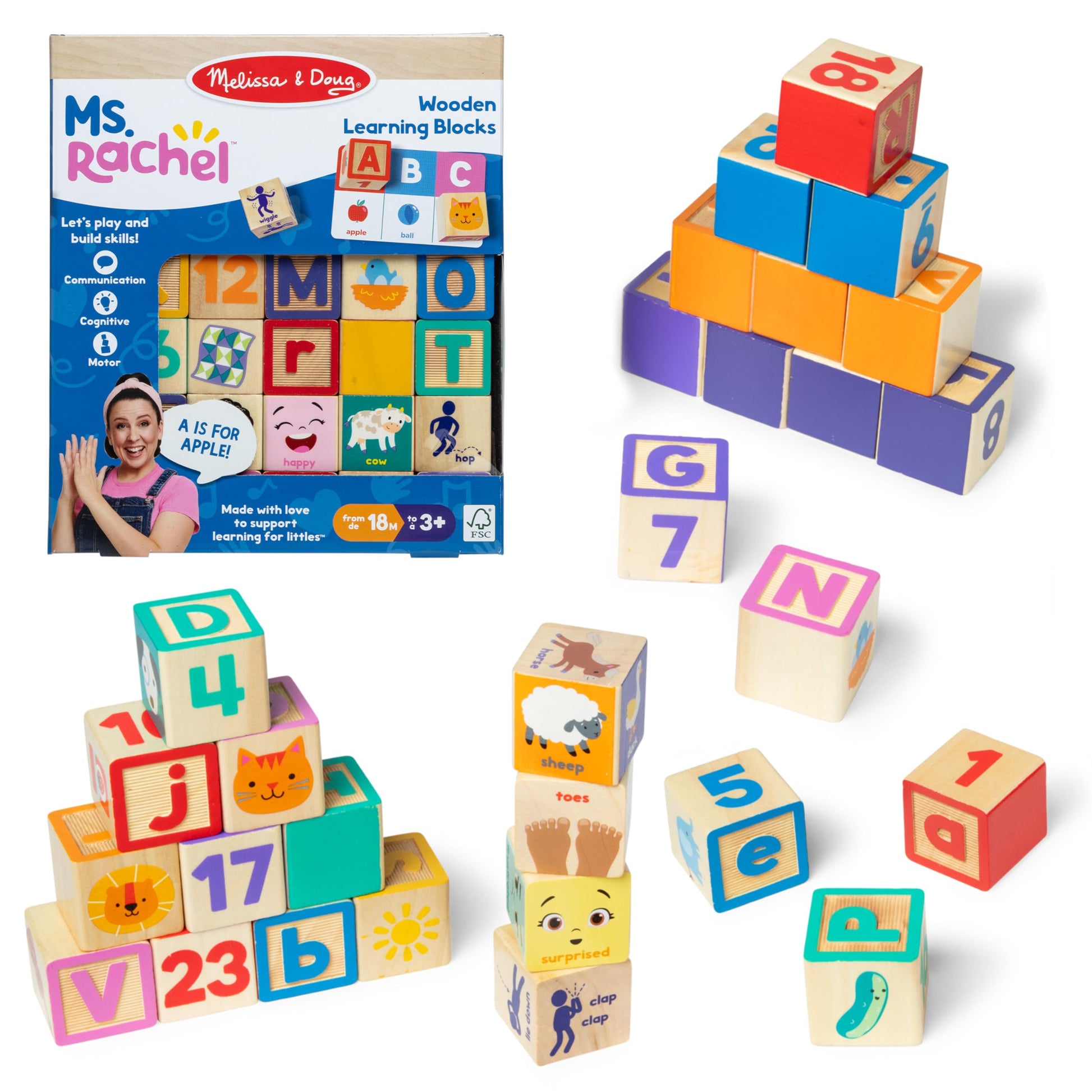 Melissa & Doug Ms. Rachel Letter, Number, and Game Wooden Learning Blocks with Activity Cards for