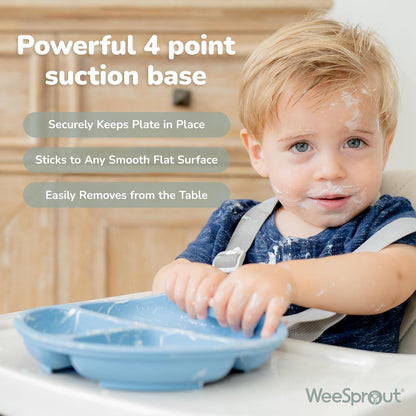 WeeSprout Suction Plates for Babies & Toddlers - 100% Silicone, Dinnerware Stays Put, Divided Design for Picky Eaters, Microwave & Dishwasher Friendly, 3 Pack (Matte Pink, Purple & Blush Pink)