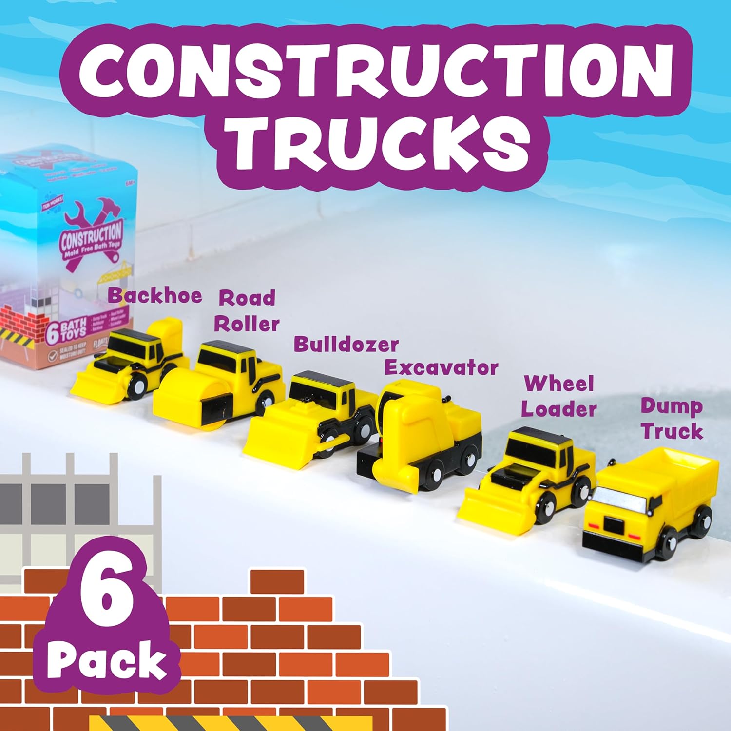 Tub Works® Construction™ Trucks Mold Free Bath Toys, 6 Pack | Sealed, No Hole Bath Toys Design