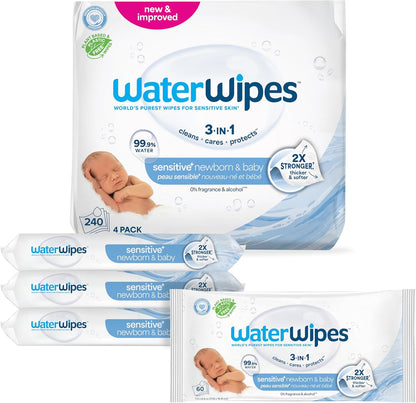 WaterWipes Sensitive+ Newborn & Baby Wipes, 3-In-1 Cleans, Cares, Protects, 99.9% Water, Unscented