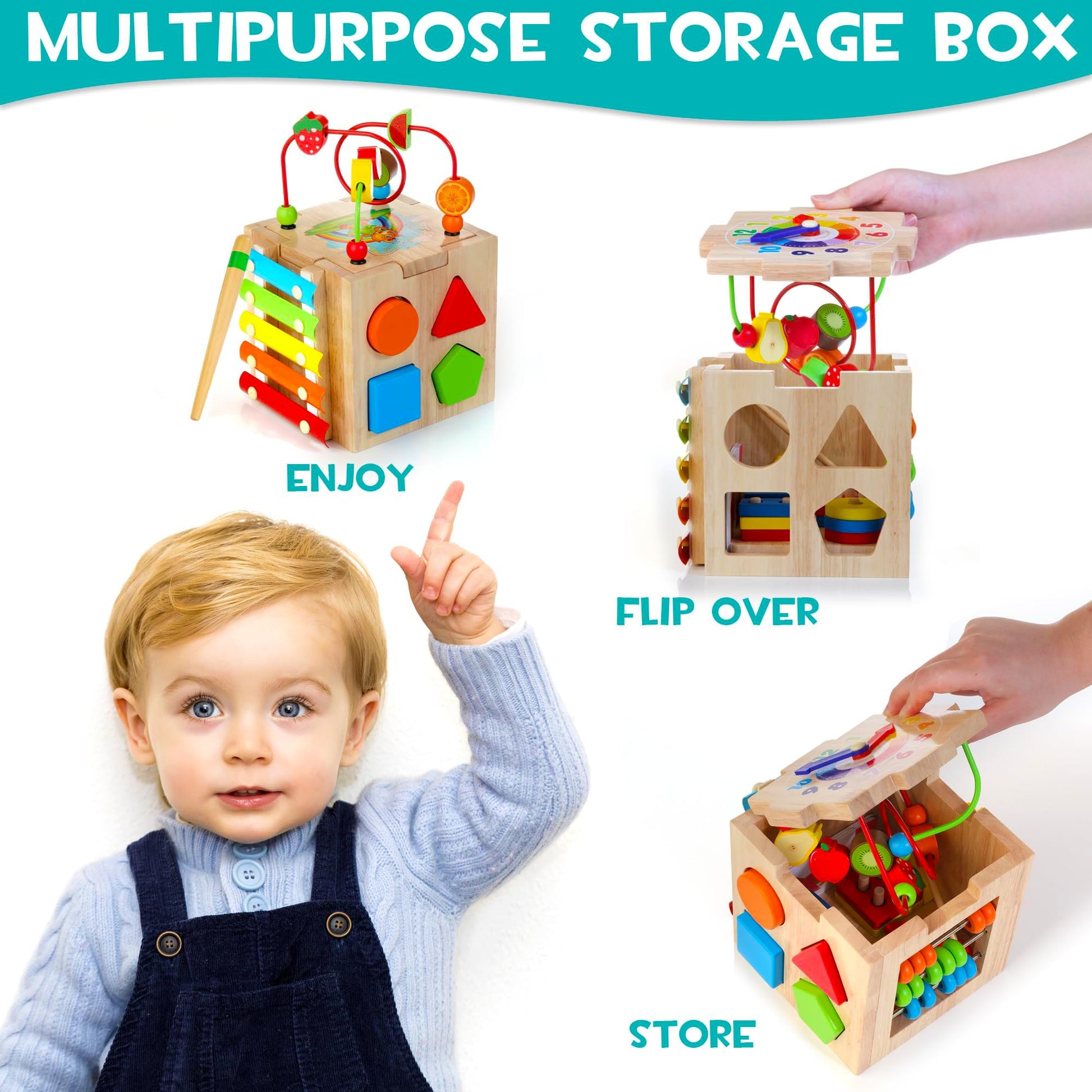 HELLOWOOD Wooden Activity Cube, 8-in-1 Montessori Baby Toys for 1+ Year Old Boys & Girls