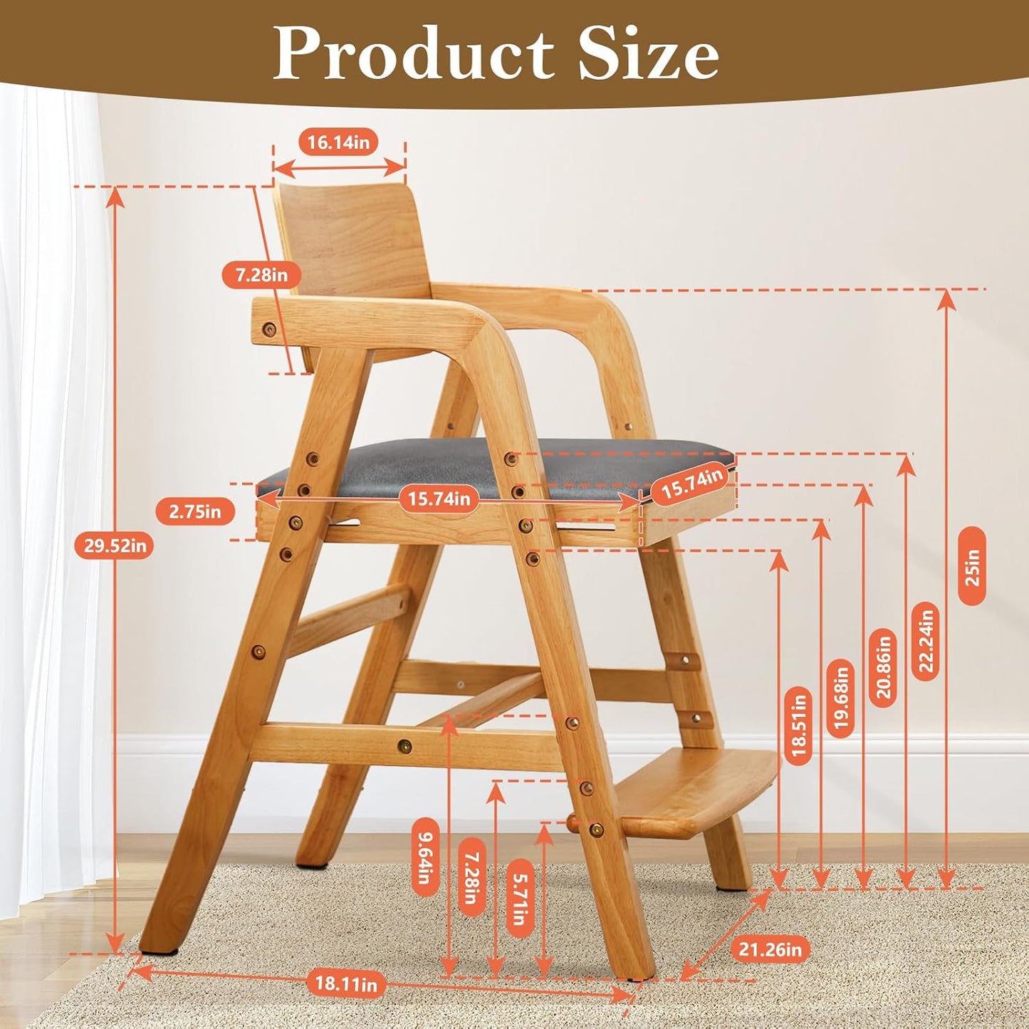 Solid Wood High Chair for Toddlers to Teens, Adjustable Height Toddler Dining Chair, Easy to Clean