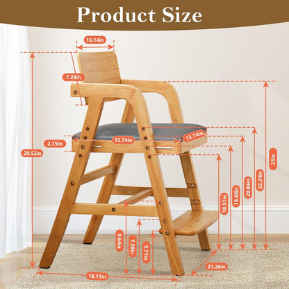 Solid Wood High Chair for Toddlers to Teens, Adjustable Height Toddler Dining Chair, Easy to Clean
