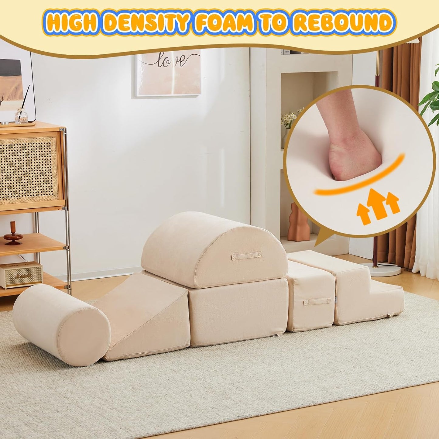 jela Foam Blocks 6Pcs Soft Play Equipment Luxury Miss Fabric, Toddler Climbing Toys Indoor Soft Play Climbing for Toddlers, Lightweight Climbing Blocks for Babies, Kids, Climb and Crawl Foam Playset