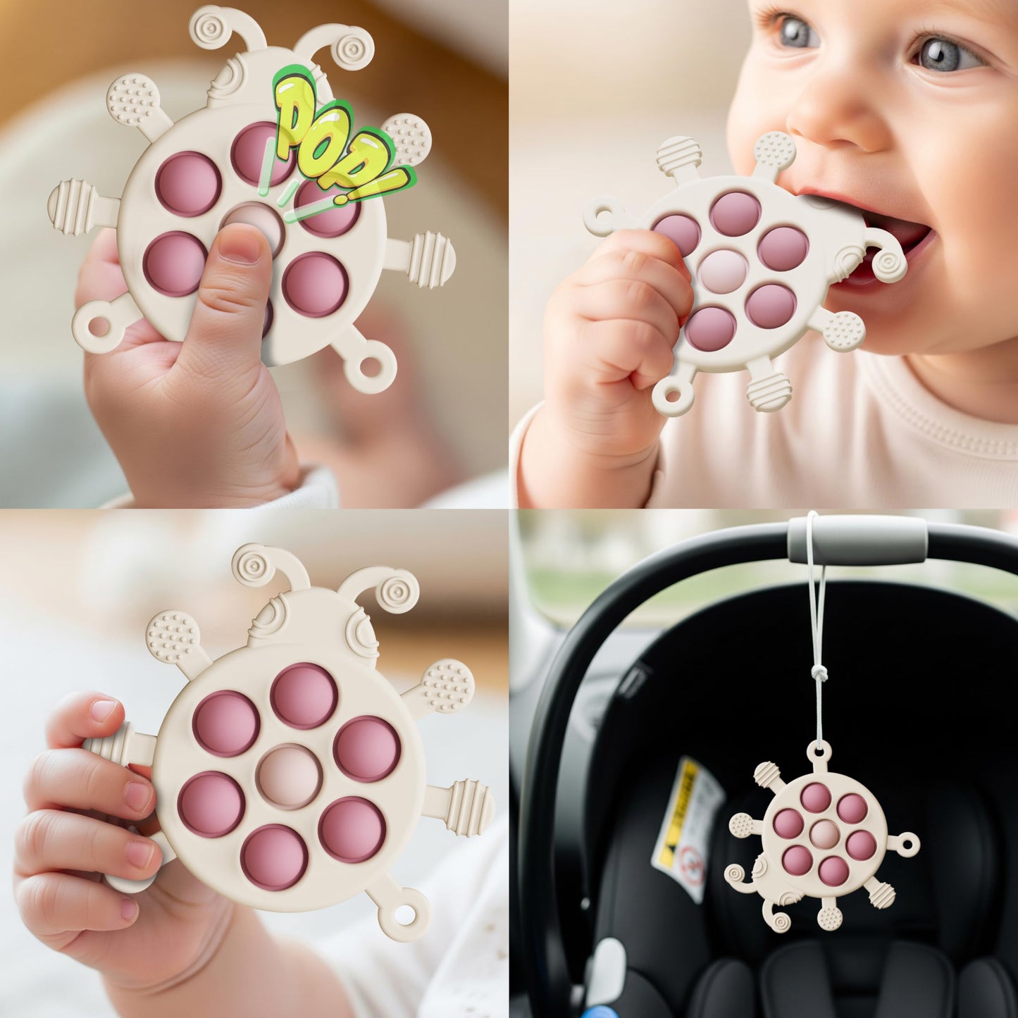High Chair Suction Cup Toy & Teething Toy Set, Sensory Toy [Beige]