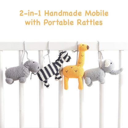 Joliecraft Woodland Safari Musical Baby Crib Mobile, Handmade Nursery Mobile Decor in White and Gray
