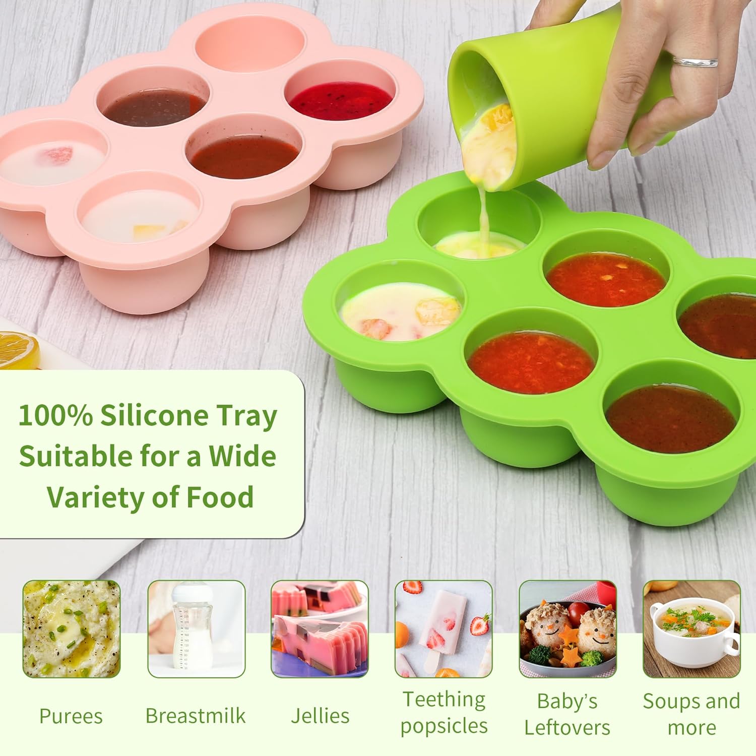 Baby Silicone Freezer Tray with Clip on Lid, 6 x 3 OZ Baby Silicone Freezer Molds, Silicone Storage
