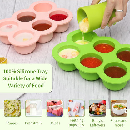 Baby Silicone Freezer Tray with Clip on Lid, 6 x 3 OZ Baby Silicone Freezer Molds, Silicone Storage