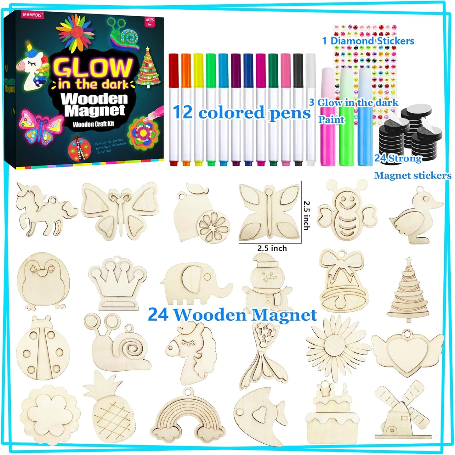Wooden Magnets Painting Kit - Glow in The Dark - Arts & Crafts Supplies Painting Kit for Kids 4-8 8-12 - Family Crafts and Birthday Christmas Activities, Party Favors for Boys Girls Ages 4 5 6 7 8 9
