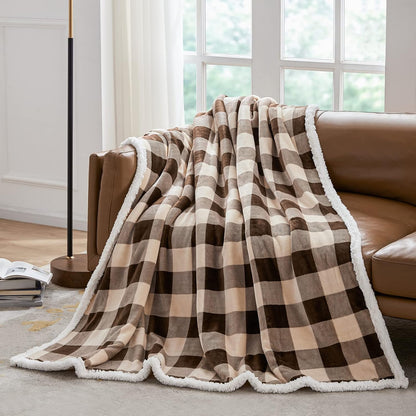 Touchat Sherpa Buffalo Plaid Christmas Twin Blanket 60" X 70", Fuzzy Fluffy Soft Cozy Throw Blanket, Fleece Flannel Plush Microfiber Blanket for Couch Bed Sofa(Brown)