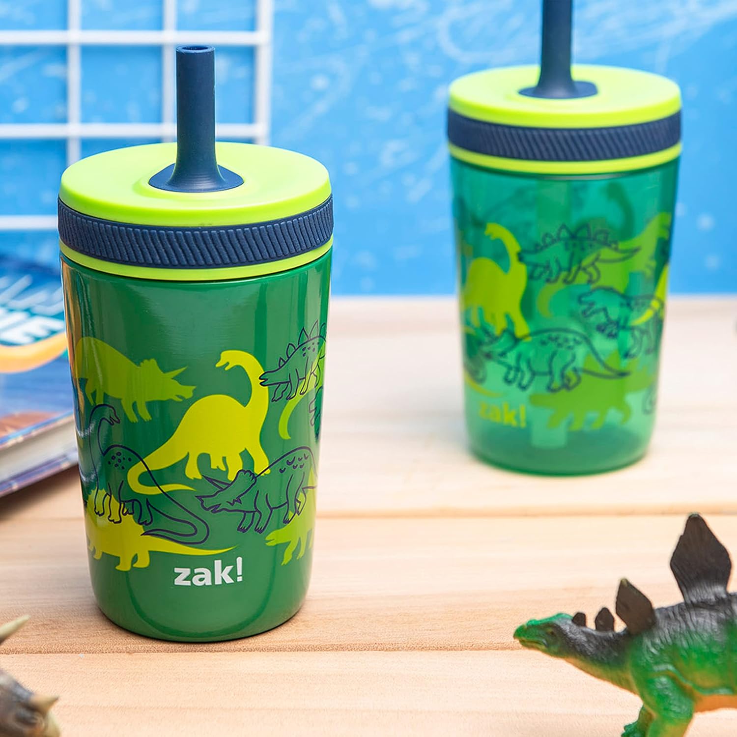 Zak Designs Dino Camo Kelso Tumbler 3pc Set, Leak-Proof Screw-On Lid with Straw, Bundle for Kids