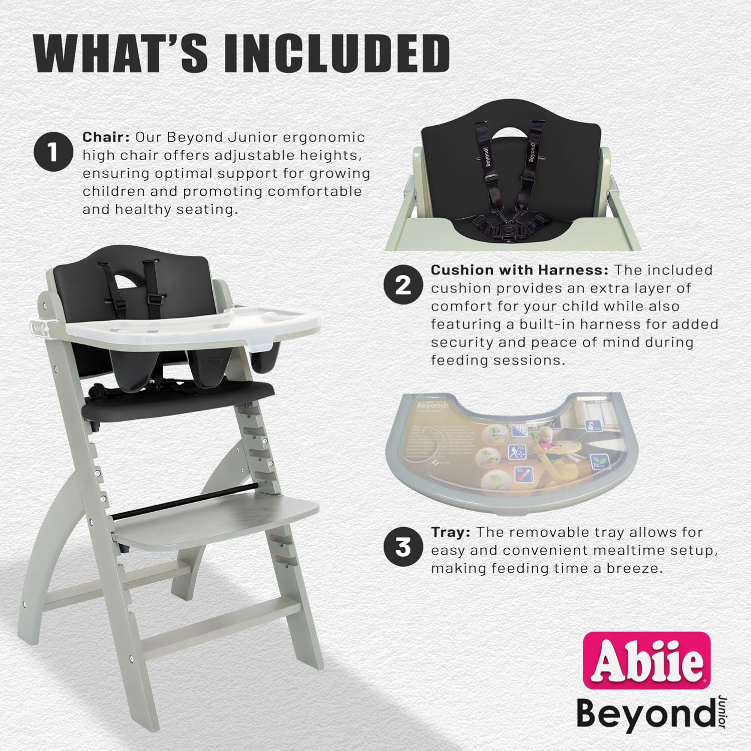 Abiie Beyond Junior Wooden High Chair with Tray - Adjustable and Convertible High Chair for Babies