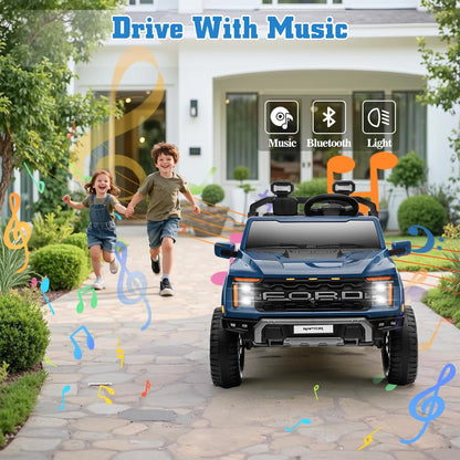 24V Ride on Car Licensed Ford F-150 Raptor, Kids Electric Car with Remote Control, LED Light/Music/MP3, Truck Bed Storage, 3-Point Seat Belt (24V, Blue)
