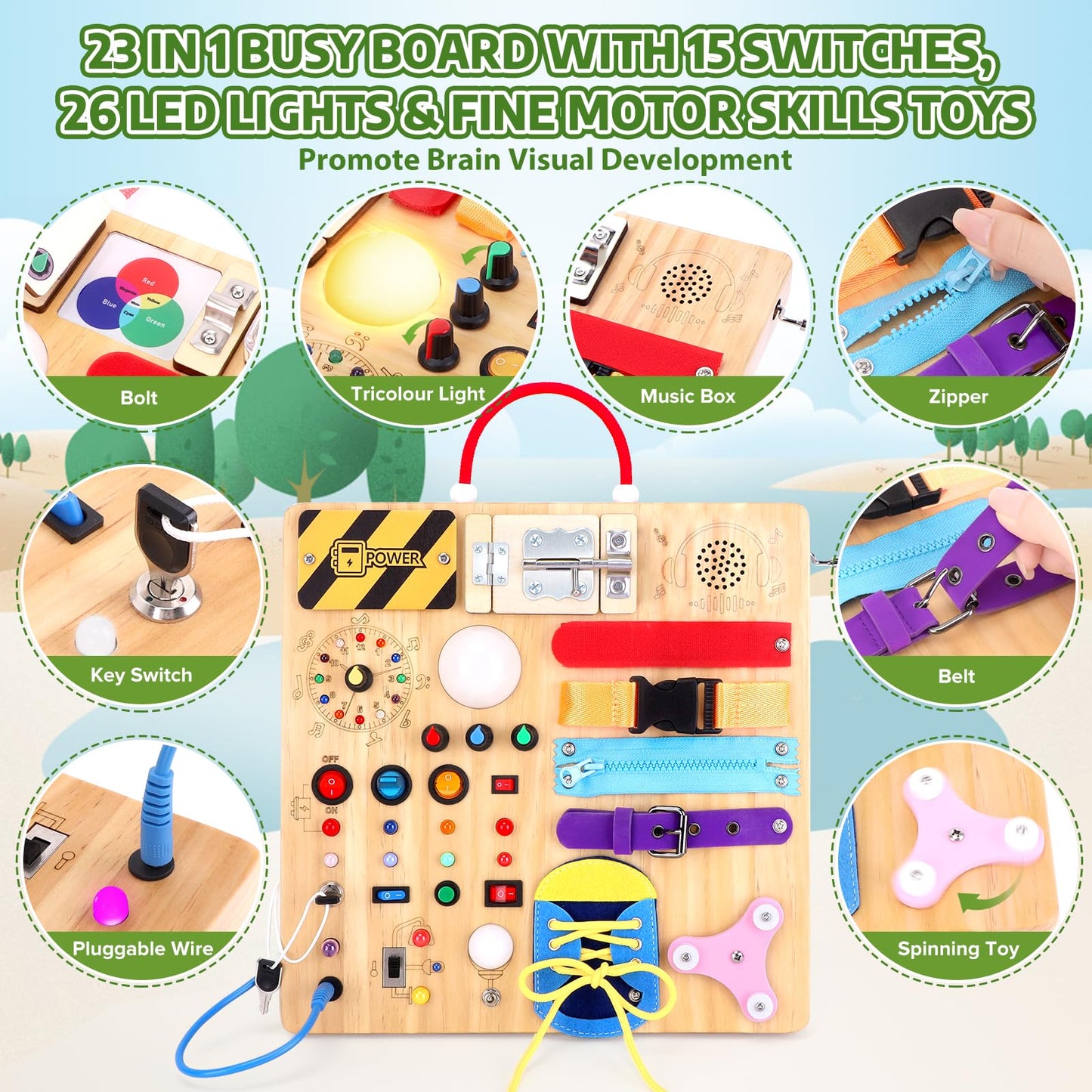 23-in-1 Montessori Busy Board with LED Lights Educational Wooden Activity Toy for Toddlers Ages
