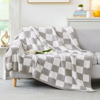 WRENSONGE Checkered Throw Blanket, Light Grey Soft Cozy Fluffy Warm Hand Made Throw Blankets for