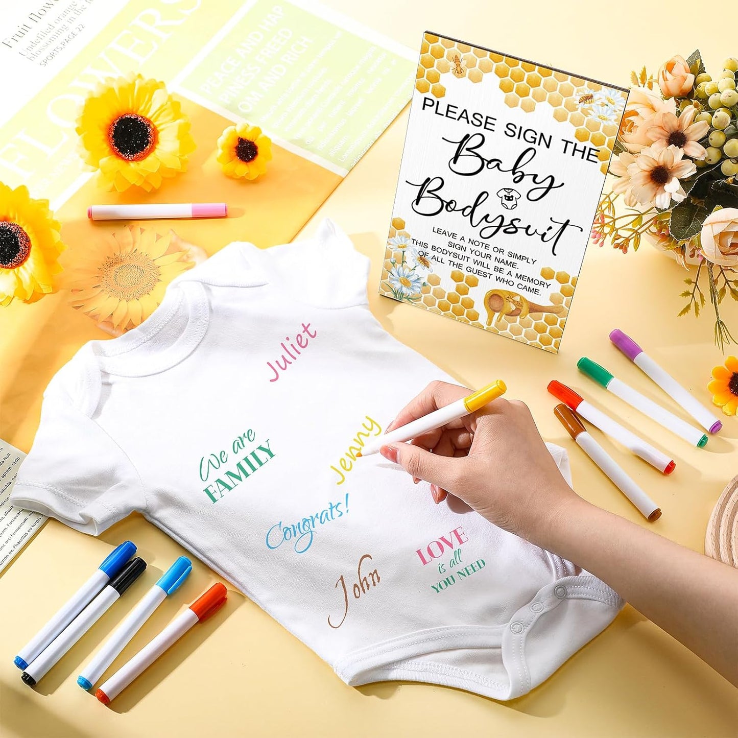 Qunclay 12 Pcs Baby Bodysuit Baby Shower Game Include 1 Game Wooden Sign Tabletop Decor 1 White Blank Newborn Bodysuit 10 Fabric Marker for Gender Reveal Party(Bee)