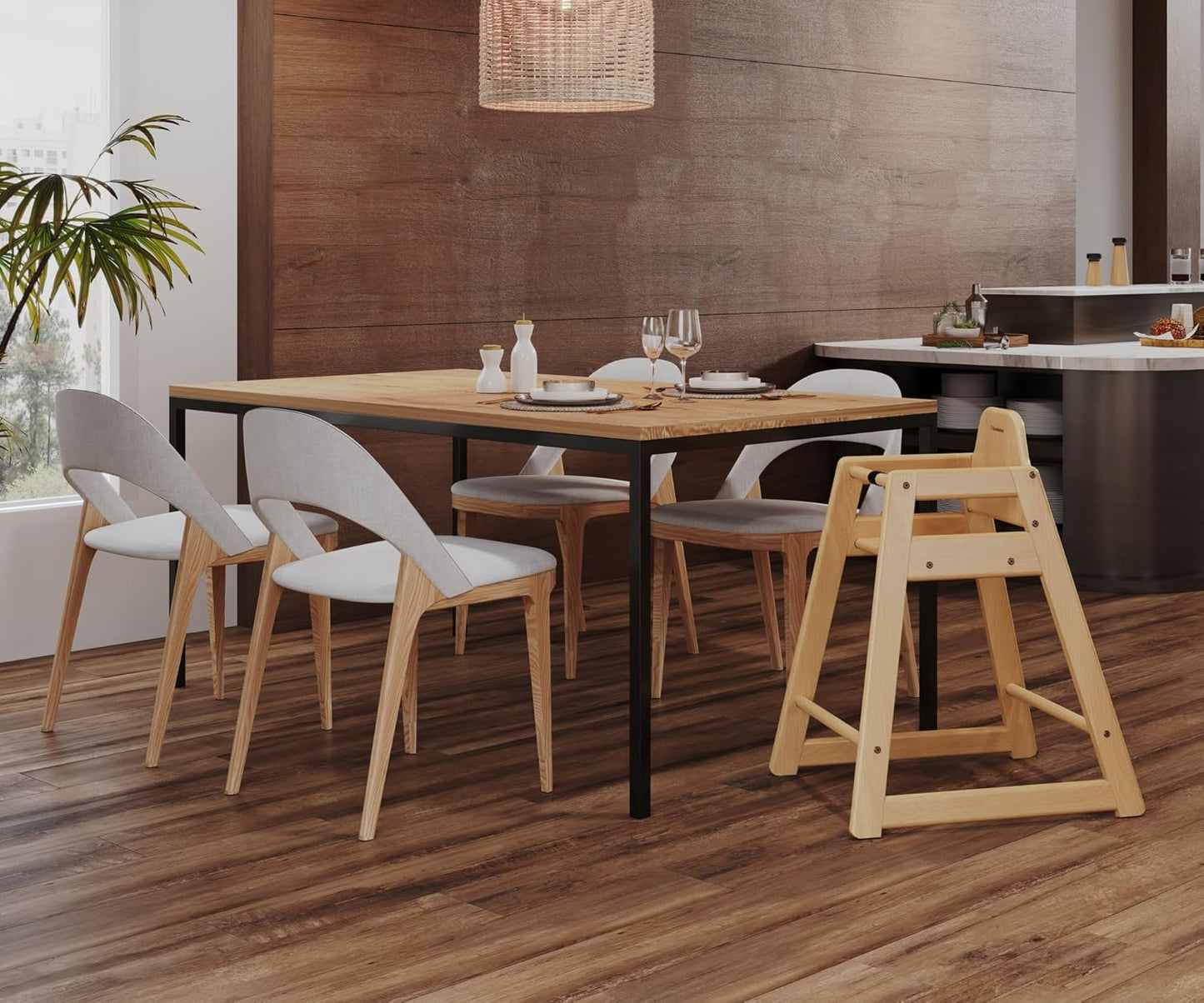 Foundations Neat Seat Wood Highchair for Restaurants, Easy to Clean, “No-tip” Feet, 3-point Safety