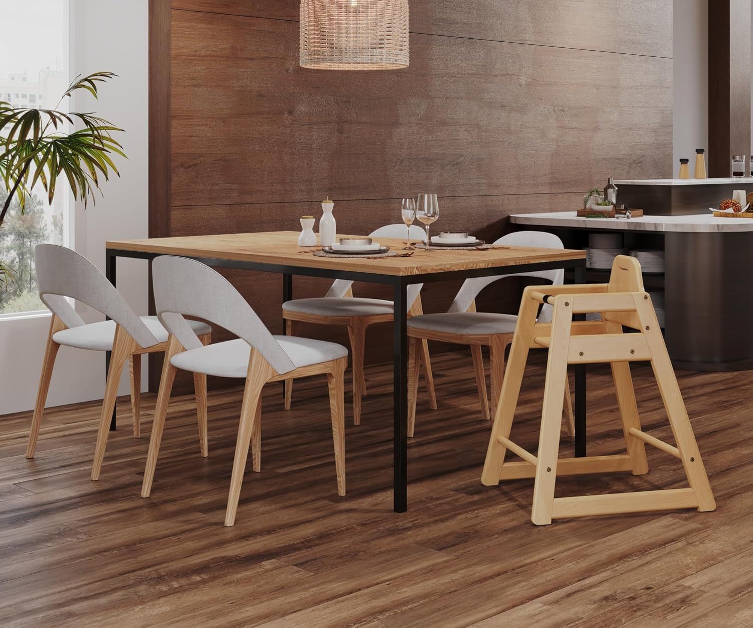 Foundations Neat Seat Wood Highchair for Restaurants, Easy to Clean, “No-tip” Feet, 3-point Safety