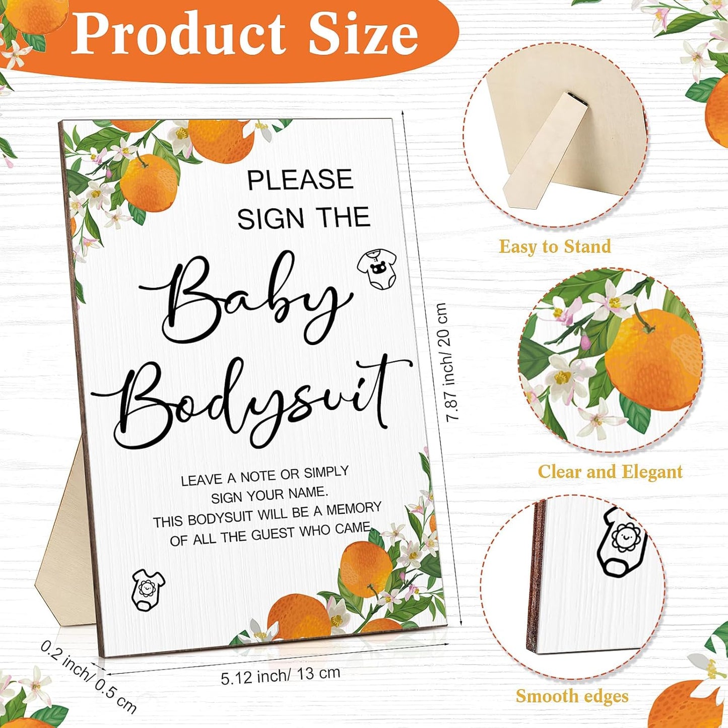 Qunclay 12 Pcs Baby Bodysuit Baby Shower Game Include 1 Game Wooden Sign Tabletop Decor 1 White Blank Newborn Bodysuit 10 Fabric Marker for Gender Reveal Party(Orange)