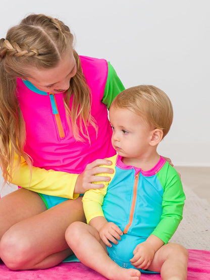 RUGGEDBUTTS Baby/Toddler Boy Swimsuit, One Piece Zipper Rash Guard Sunsuit with UPF 50+ Sun Protection