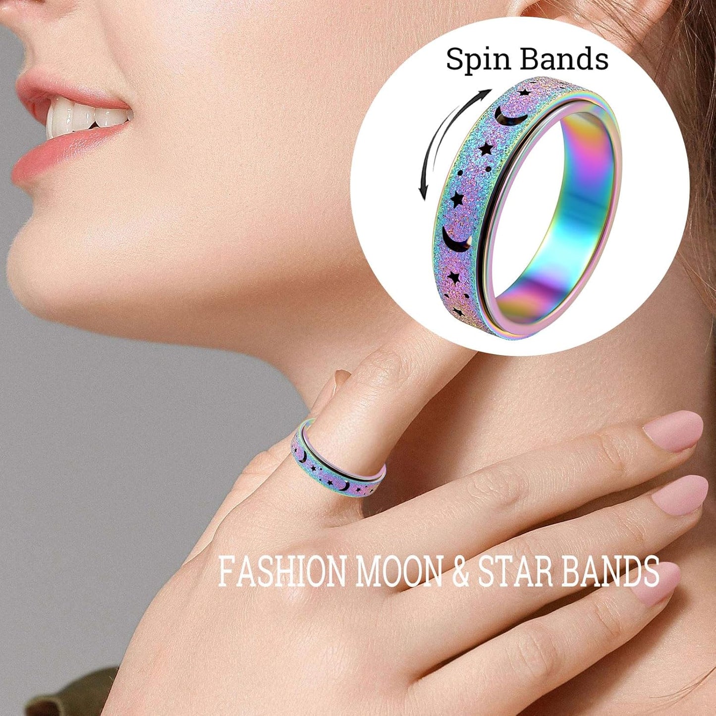 OreilleStar Anxiety Ring for Women Spinner Ring Fidget Ring Fidget Toys Adults Spinner Rings Stainless Steel Silver Rainbow Size 8 Moon Star Band