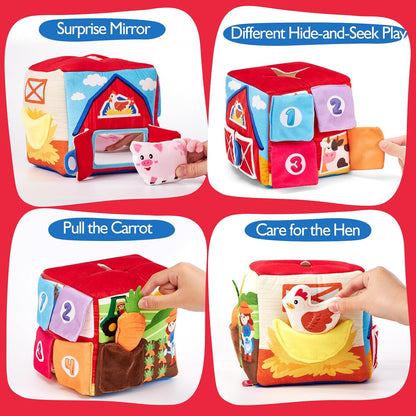 hahaland Baby Seek and Find Sensory Farm Animals Plush - 13 PCS Whats Inside Box with Rattle, Crinkle, Squeaker, Mirror, Texture, 9 Month Old Baby Toys 6-12-18 Months, Montessori Toys for 1 Year Old