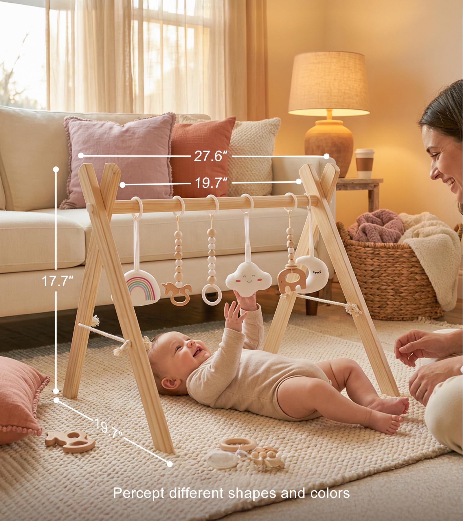 Mallify Wooden Baby Gym with 6 Gym Toys, Foldable Baby Play Gym, Natural Pine Wood Play Gym, Frame