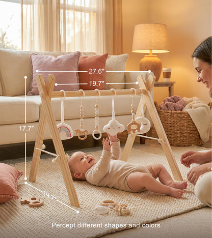 Mallify Wooden Baby Gym with 6 Gym Toys, Foldable Baby Play Gym, Natural Pine Wood Play Gym, Frame