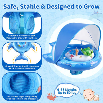 Inflatable Baby Pool Float with Sun Canopy, UPF50 Sun Protection, Portable & Easy to Store, Padded