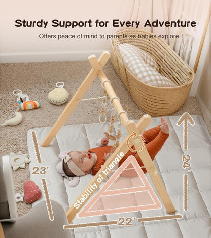 Baby Gym with Mat, Wooden Play Gym with 9 Sensory Toys, Foldable Baby Play GymFrame Activity Center, Natural Pine Wood, Montessori Toys, Easy to Assemble & Clean, Natural Color