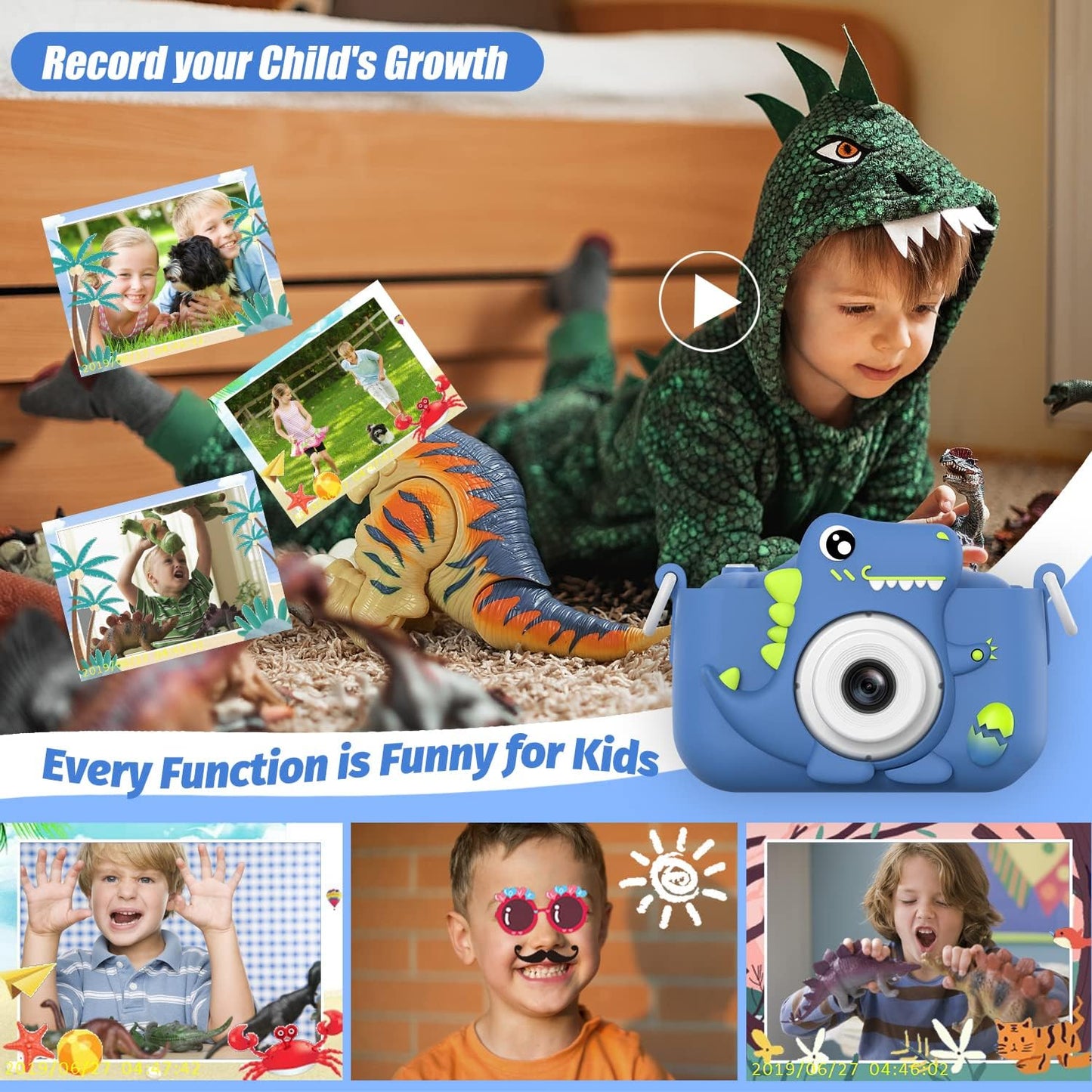 Upgrade Dinosaur Kids Camera, Christmas Birthday Gifts for Girls Boys 3-12, 1080P HD Selfie Digital Video Camera for Toddlers, Cute Portable Little Girls Boys Gifts Toys for 3 4 5 6 7 8 9 Years Old