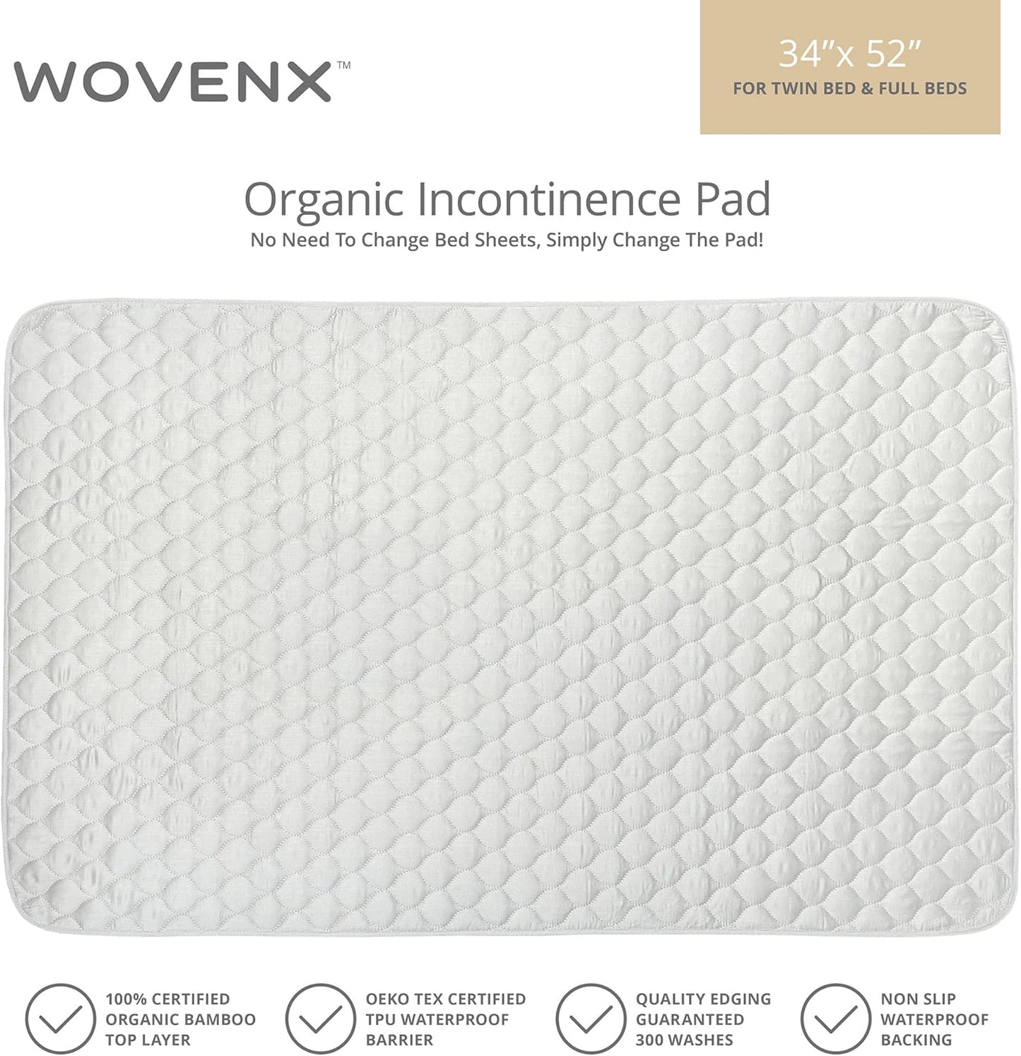 Organic Incontinence Pads for Kids & Toddlers - 5 Layer Waterproof Protectors for Overnight Bed