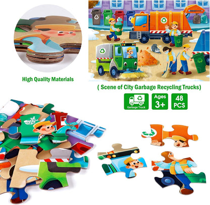 Jumbo Floor Puzzle for Kids,Recycling Garbage Truck Jigsaw Large Puzzles,48 Piece Trash Truck Vehicle Puzzle for Toddler Ages 3-5,Children Learning Preschool Educational Toys,Gift for 4-8 Years Old