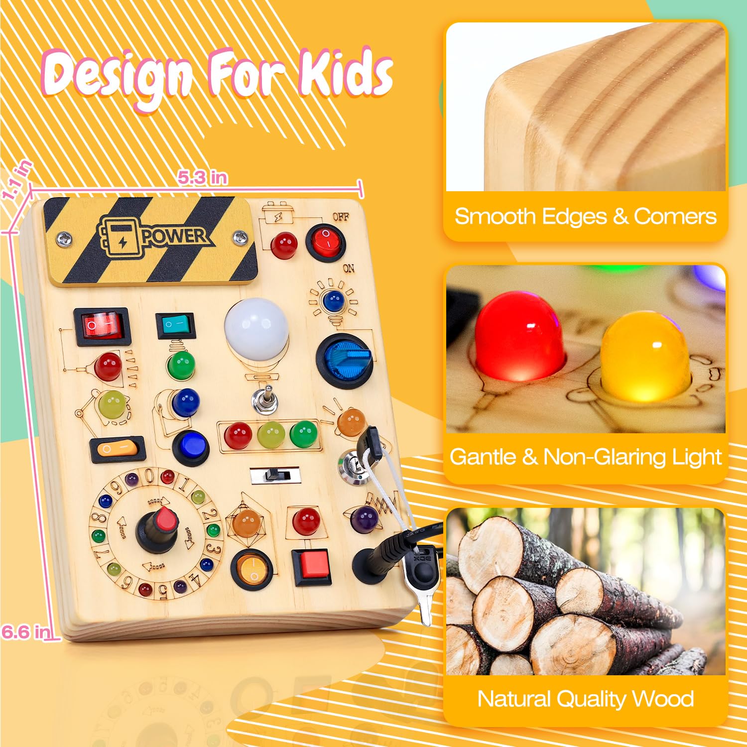 Busy Board with LED Light Switches, Montessori Toys for 1 2 3 Years Old, Toddlers Wooden Toy