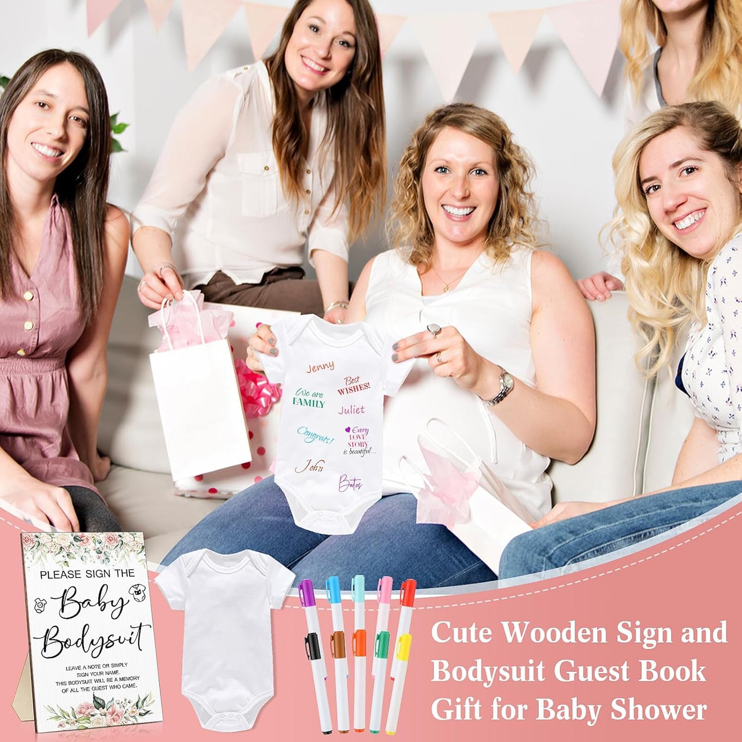 Qunclay 12 Pcs Baby Bodysuit Baby Shower Game Include 1 Game Wooden Sign Tabletop Decor 1 White Blank Newborn Bodysuit 10 Fabric Marker for Gender Reveal Party(Floral)